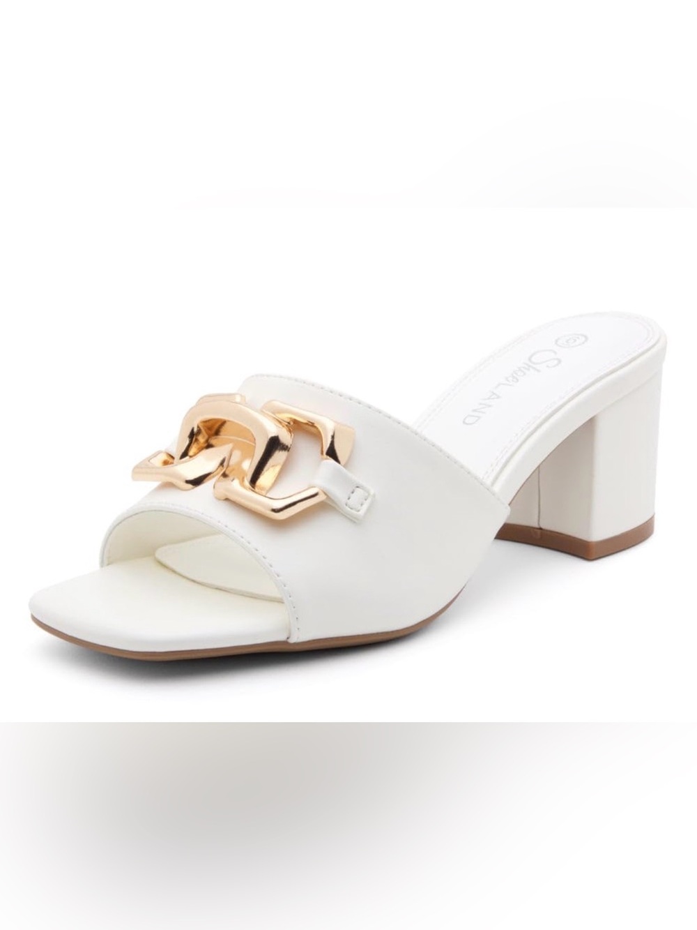 White Chain-Detail Block Heel Mule